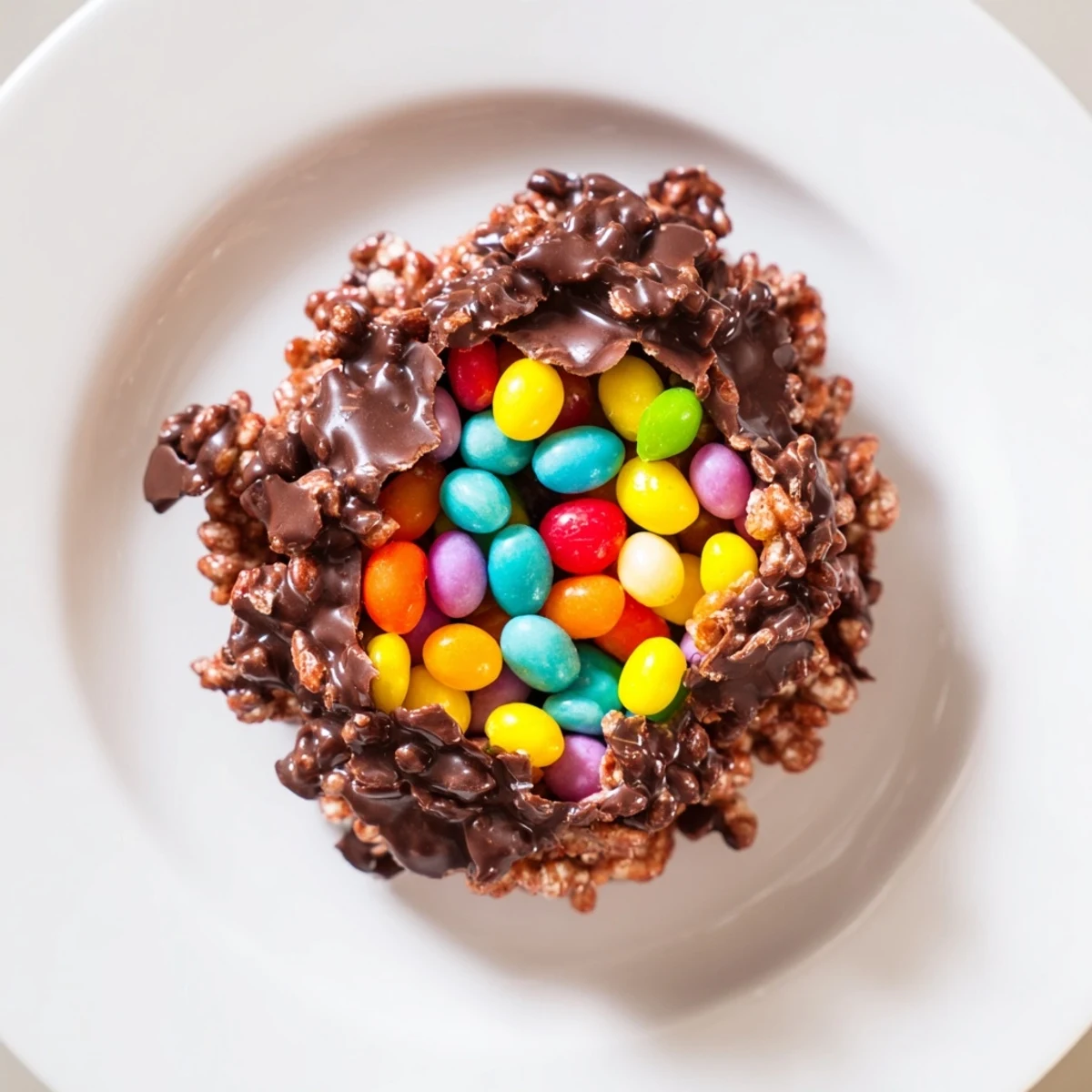 Chocolate Easter Egg Nests with Jelly Beans sit on a marble countertop, a perfect kid-friendly Easter dessert with sweet jelly bean filling.