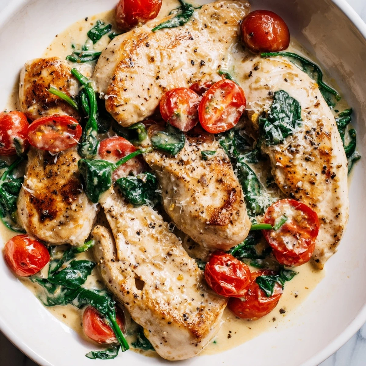 Creamy Garlic Chicken with Spinach and Tomatoes served over fluffy rice with a crusty bread side for dipping.