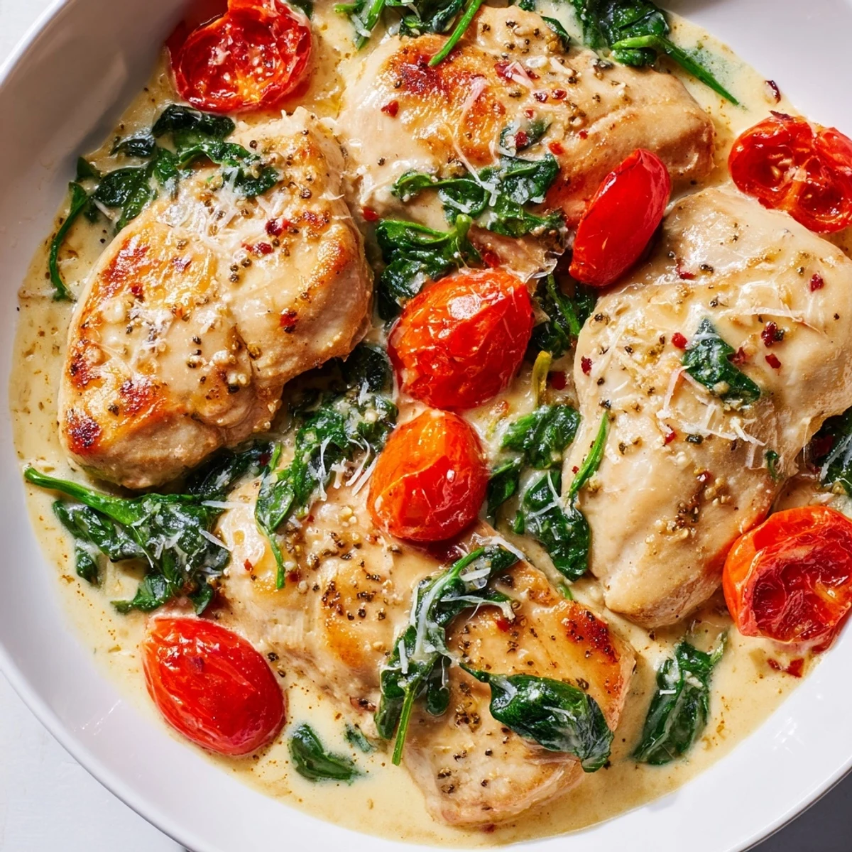 Sliced tender chicken breasts in a creamy garlic sauce with wilted spinach and halved cherry tomatoes on a plate.