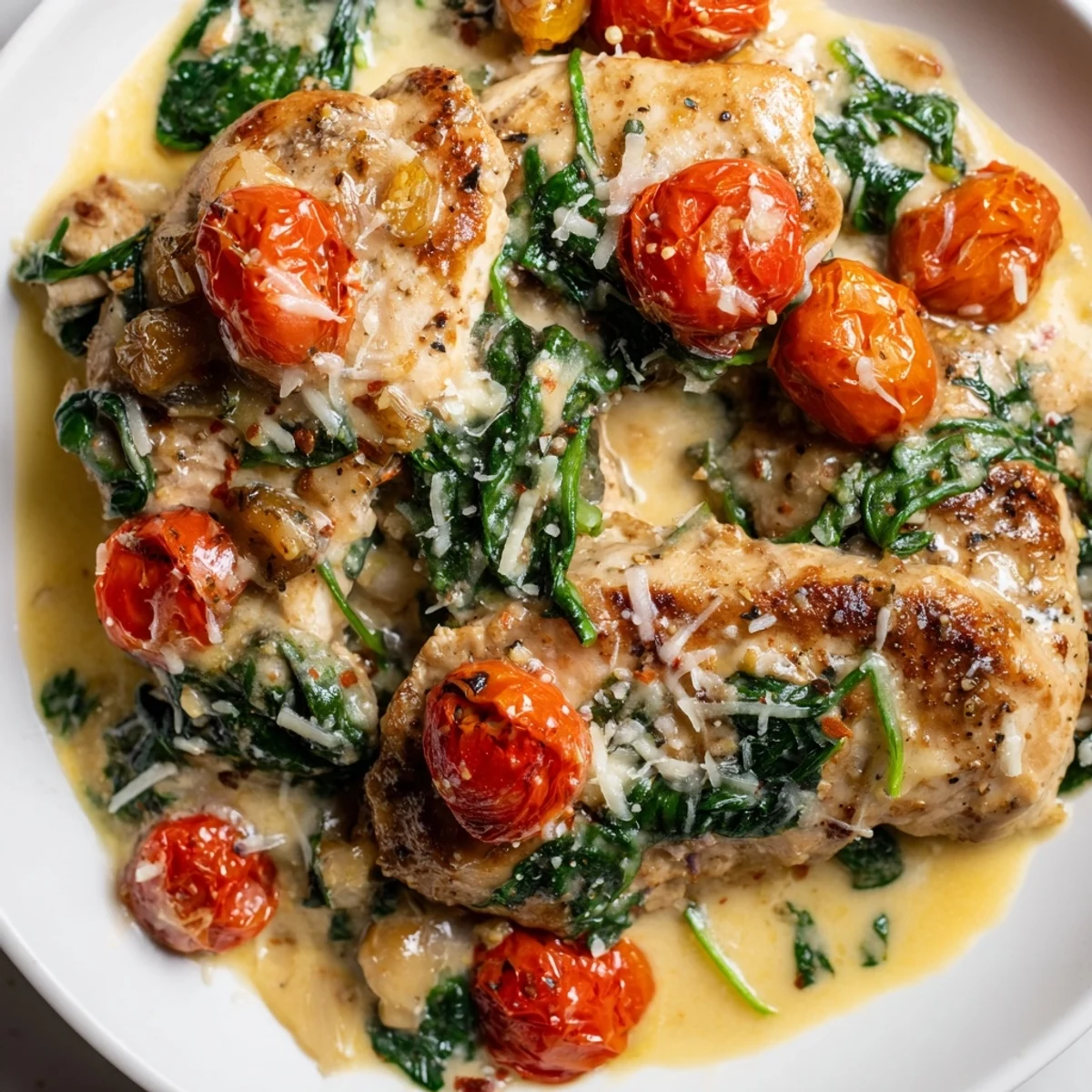 A skillet of Creamy Garlic Chicken with Spinach and Tomatoes garnished with fresh herbs and melted Parmesan cheese.