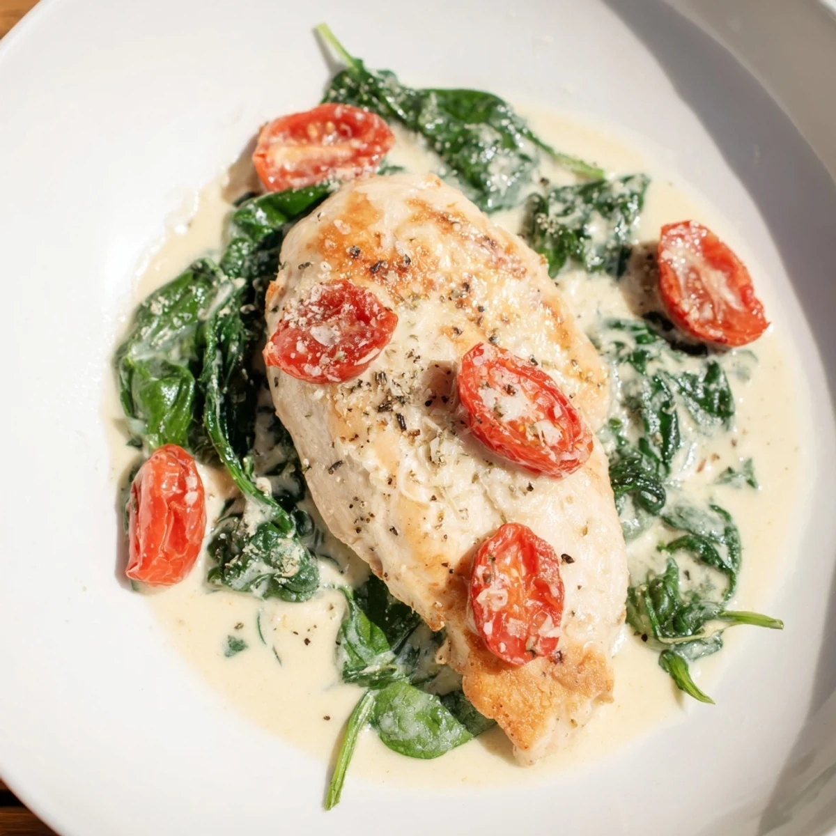 A close-up of Creamy Garlic Chicken with Spinach and Tomatoes in a rustic skillet, showing tender chicken coated in rich sauce.