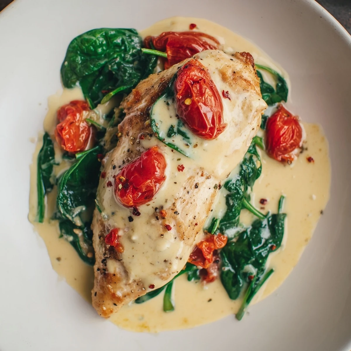 Top-down view of Creamy Garlic Chicken with Spinach and Tomatoes plated with herbed rice and a glass of white wine.