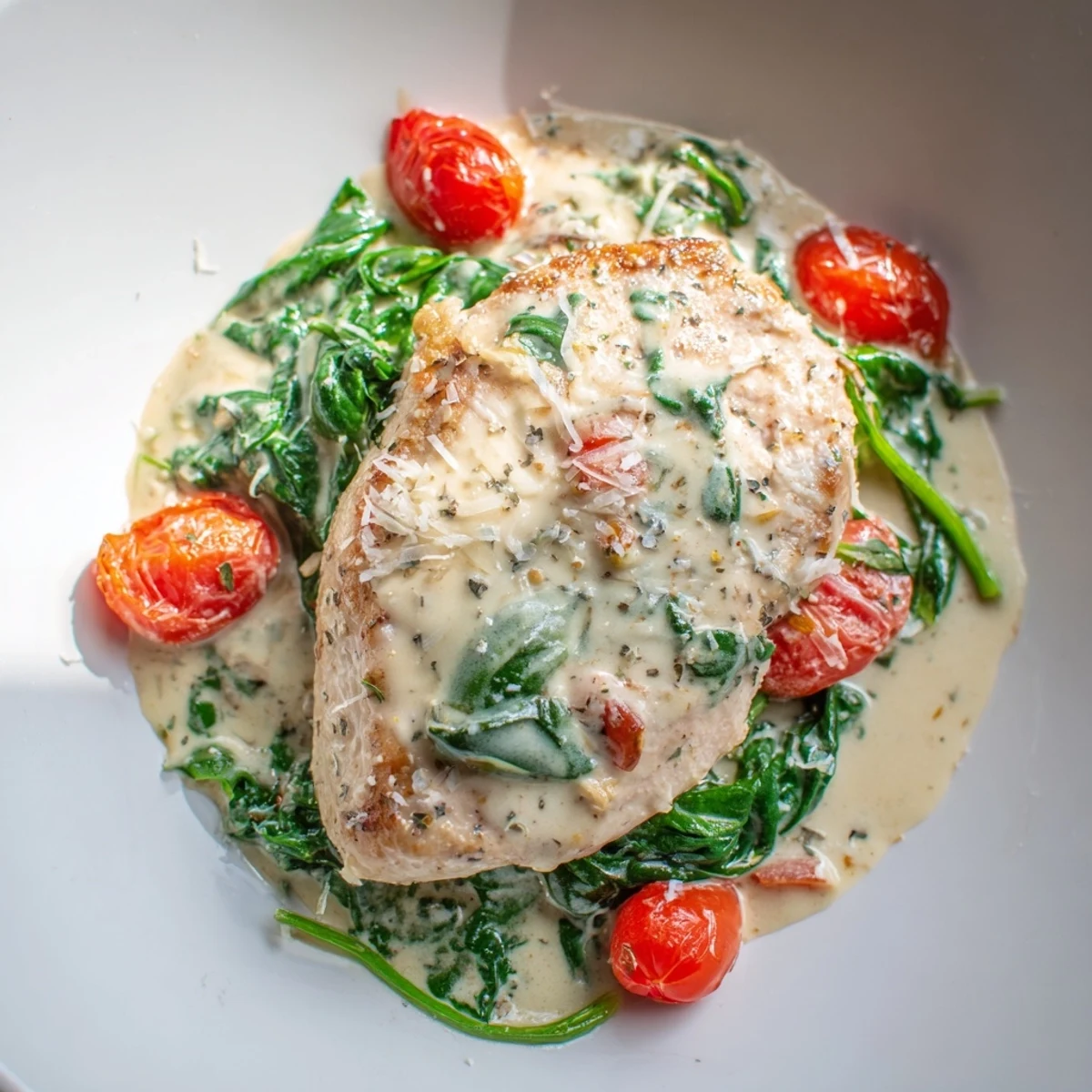 In a cast-iron skillet, Creamy Garlic Chicken with Spinach and Tomatoes steams beside wilted greens and burst cherry tomatoes.