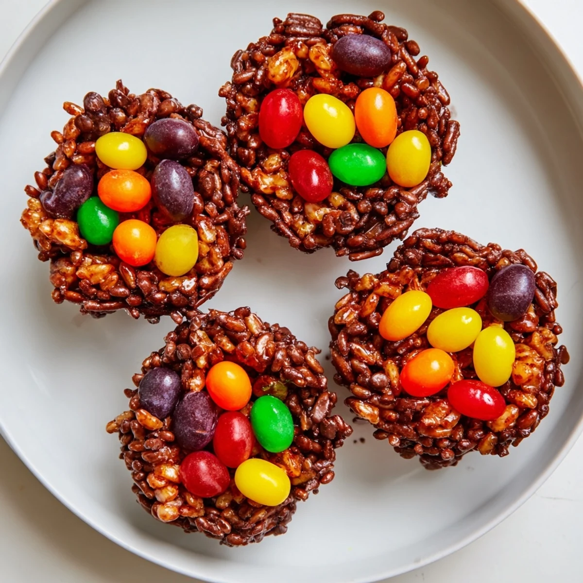 Twelve chocolate Easter egg nests filled with colorful jelly beans on a white plate.