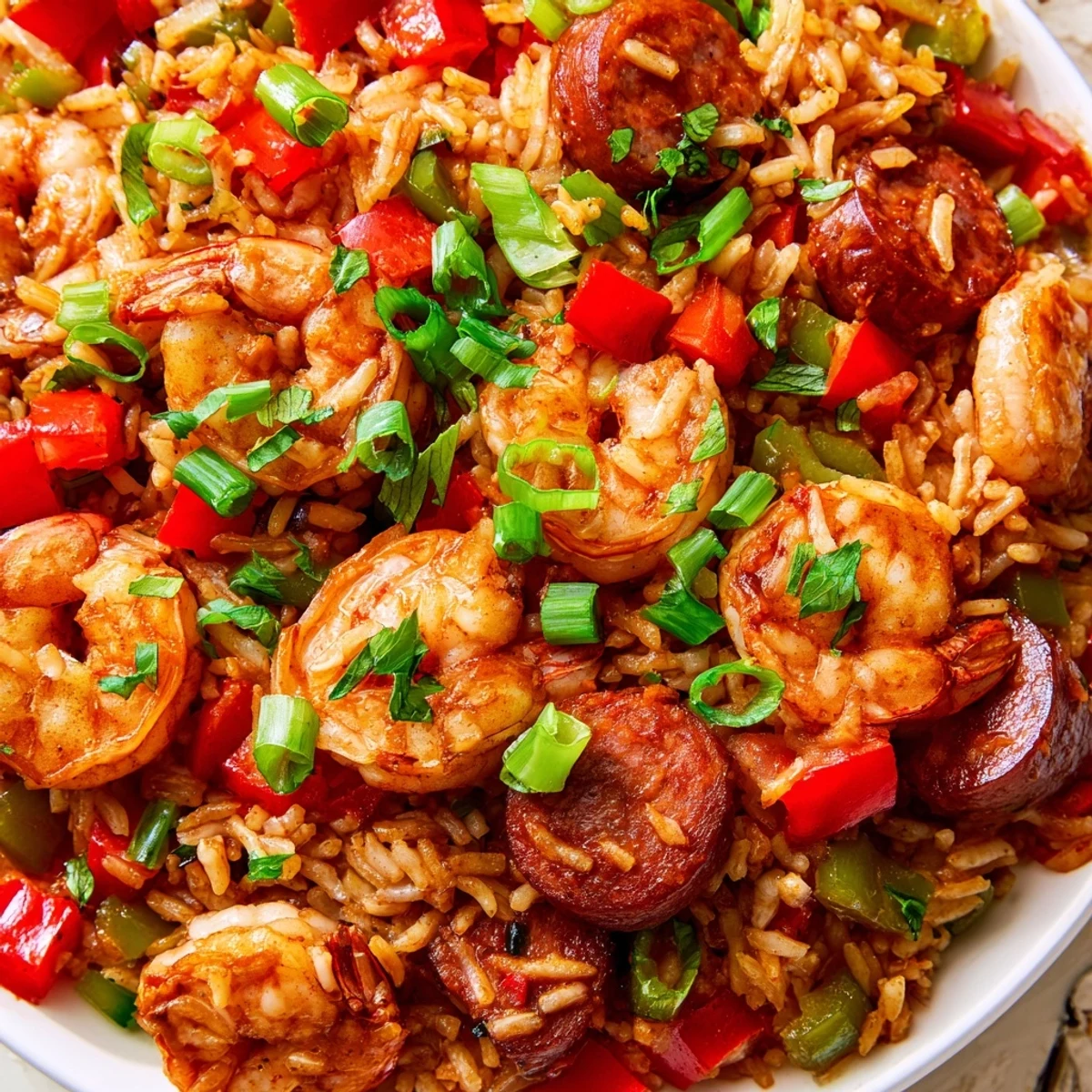 A close up shot shows a spoon digging into tender shrimp and smoky sausage in the Creole rice dish.