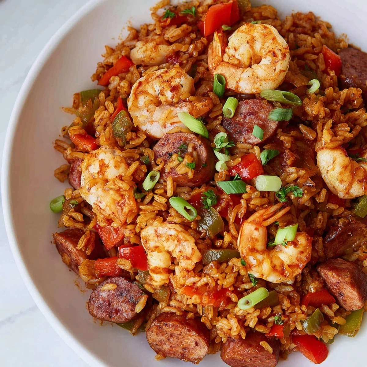 Steaming bowl of Spicy Jambalaya with Shrimp and Beef Sausage garnished with fresh parsley on a rustic table.