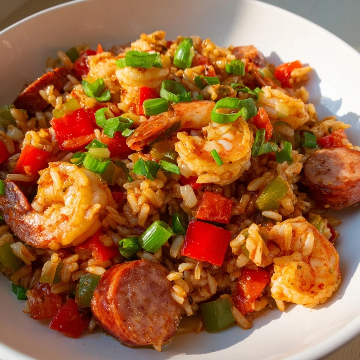 Sizzling Spicy Jambalaya with Shrimp and Beef Sausage served hot with a side of crusty bread for dinner.