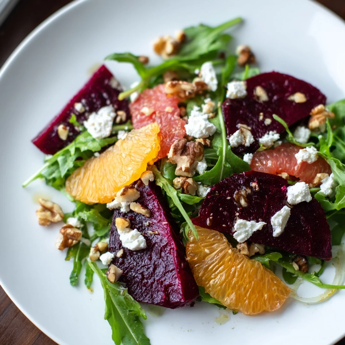 Roasted beet and citrus salad with arugula served on a platter with a light tangy vinaigrette.