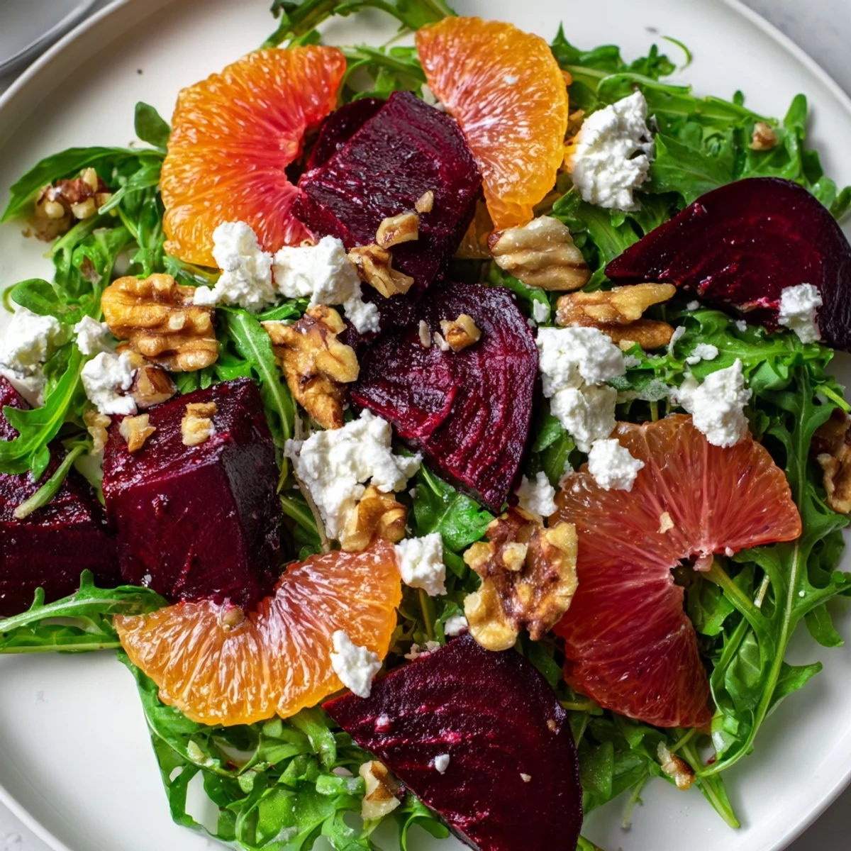 Vibrant roasted beet and citrus salad with arugula, topped with crumbled goat cheese and toasted walnuts.