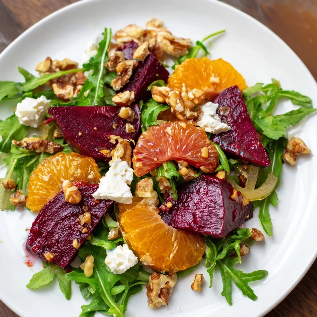 Colorful roasted beet and citrus salad with arugula, featuring juicy orange and grapefruit segments on greens.