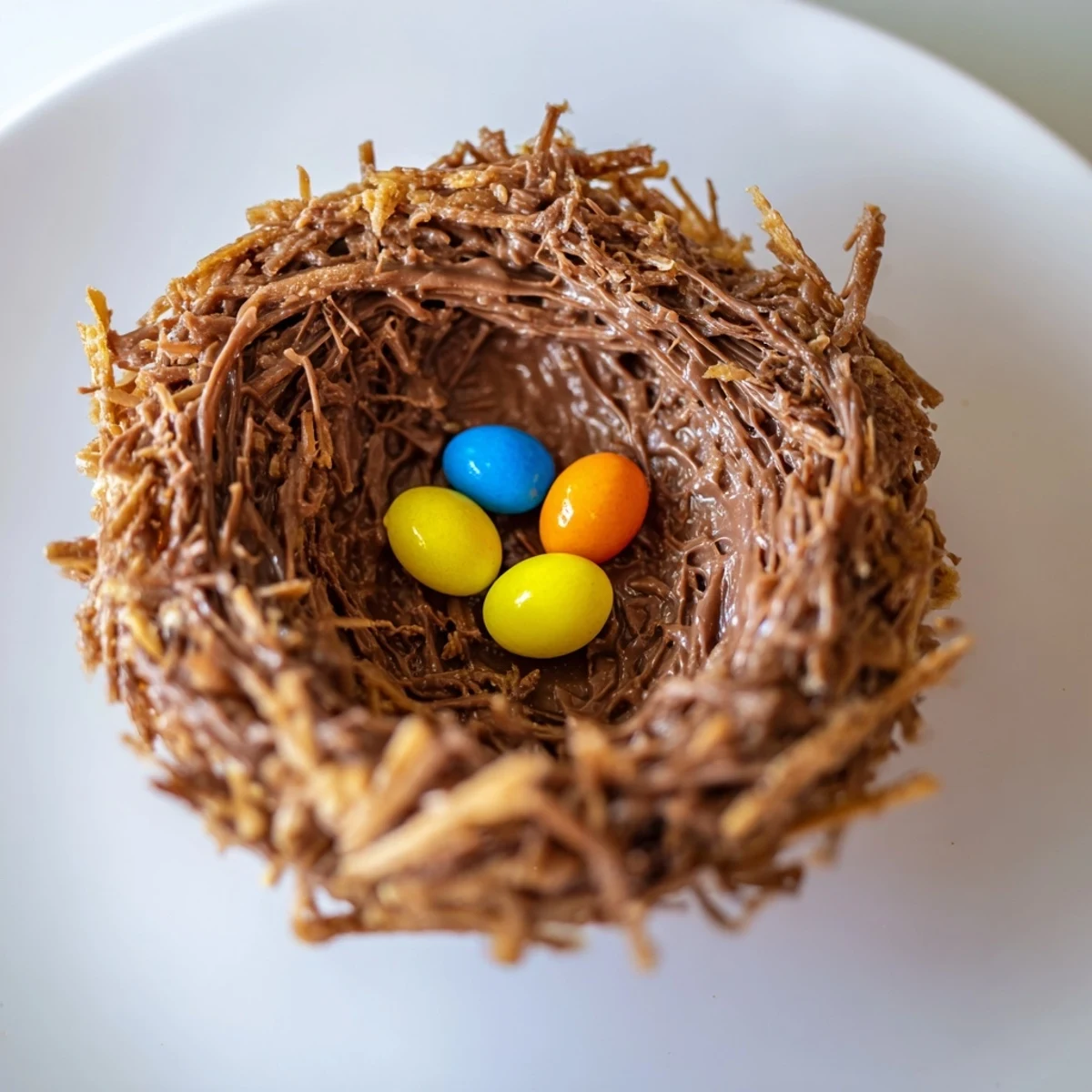Chocolate Easter Egg Nests are displayed in a muffin tin with chocolatey shredded wheat nests and bright candy eggs, perfect for an Easter dessert table.