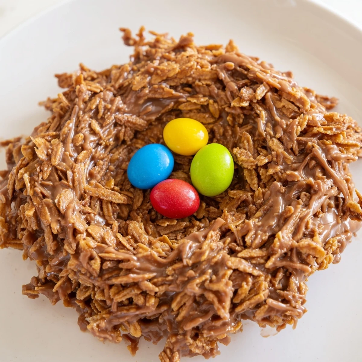 A close-up of the no-bake Chocolate Easter Egg Nests reveals melted milk chocolate and crunchy cereal texture, ready to serve at a spring celebration.