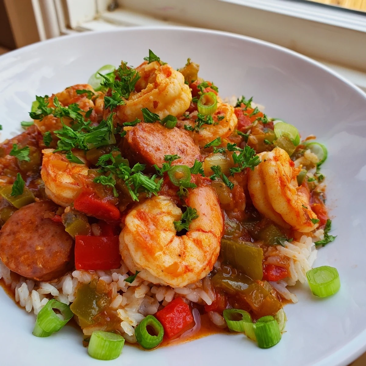 A close-up of Spicy Jambalaya with Shrimp and Turkey Sausage steaming in a cast-iron pot, garnished with fresh parsley.