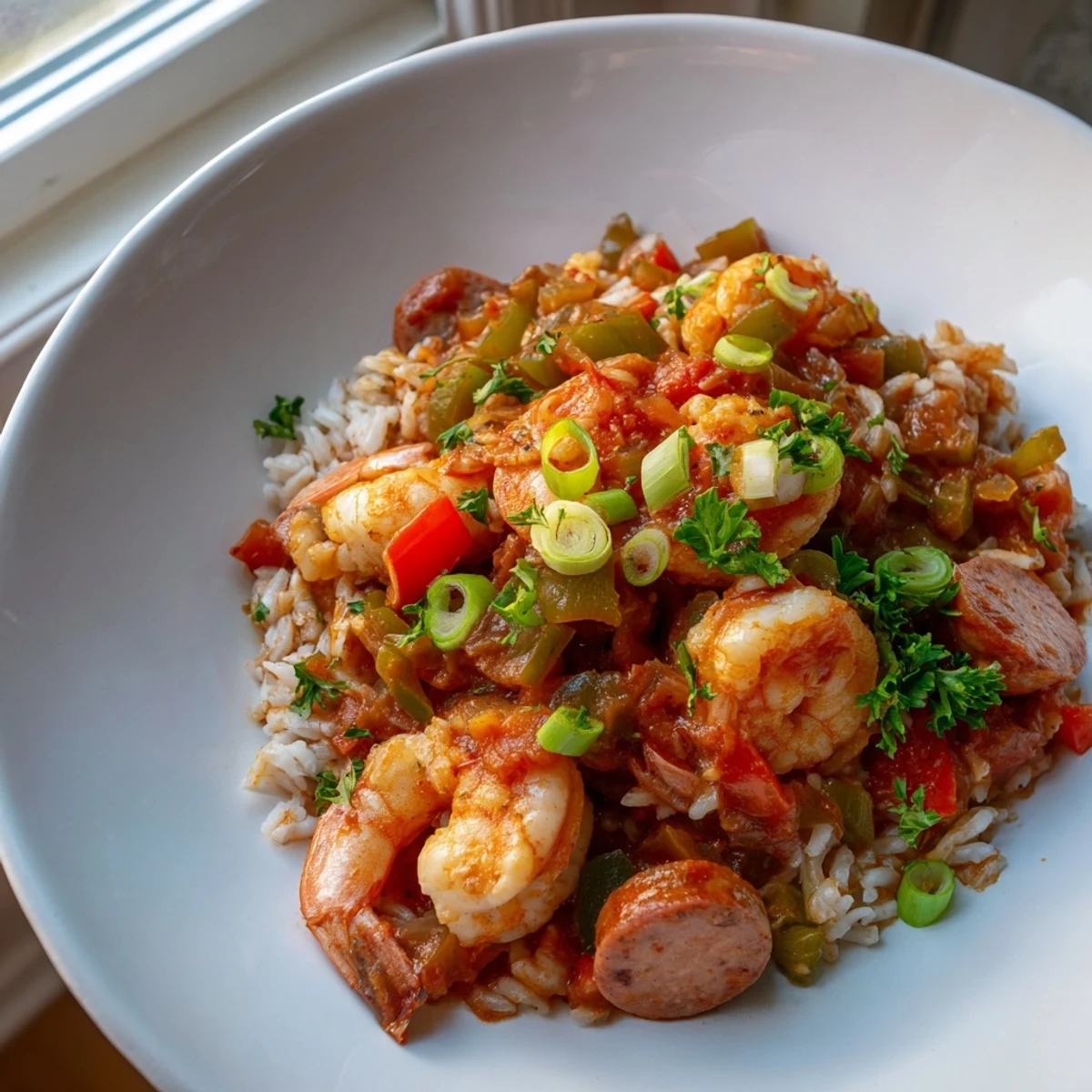 Serve Spicy Jambalaya with Shrimp and Turkey Sausage in a rustic bowl, ready for a family dinner in New Orleans style.