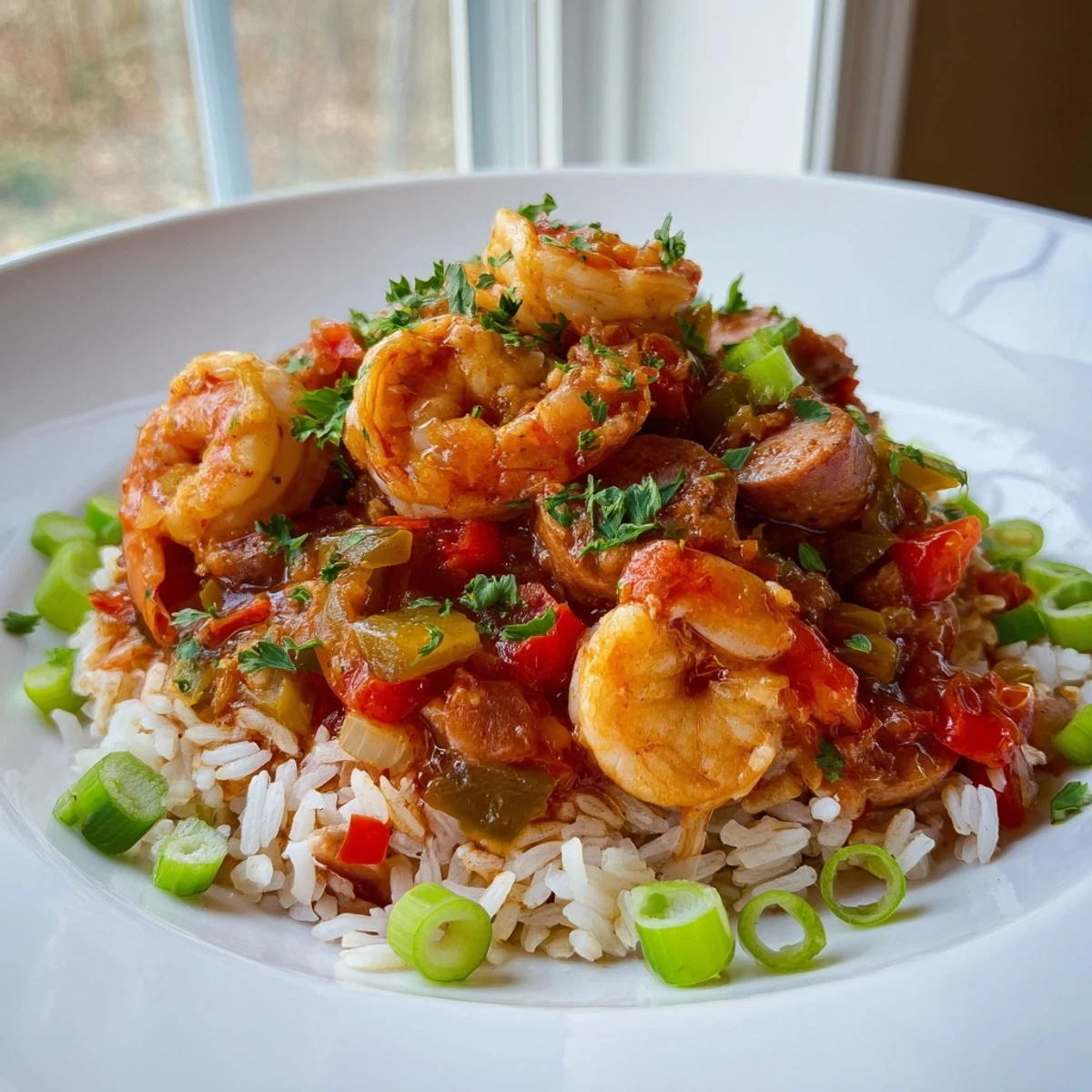 This hearty Spicy Jambalaya with Shrimp and Turkey Sausage features plump pink shrimp nestled in savory rice and smoky sausage.