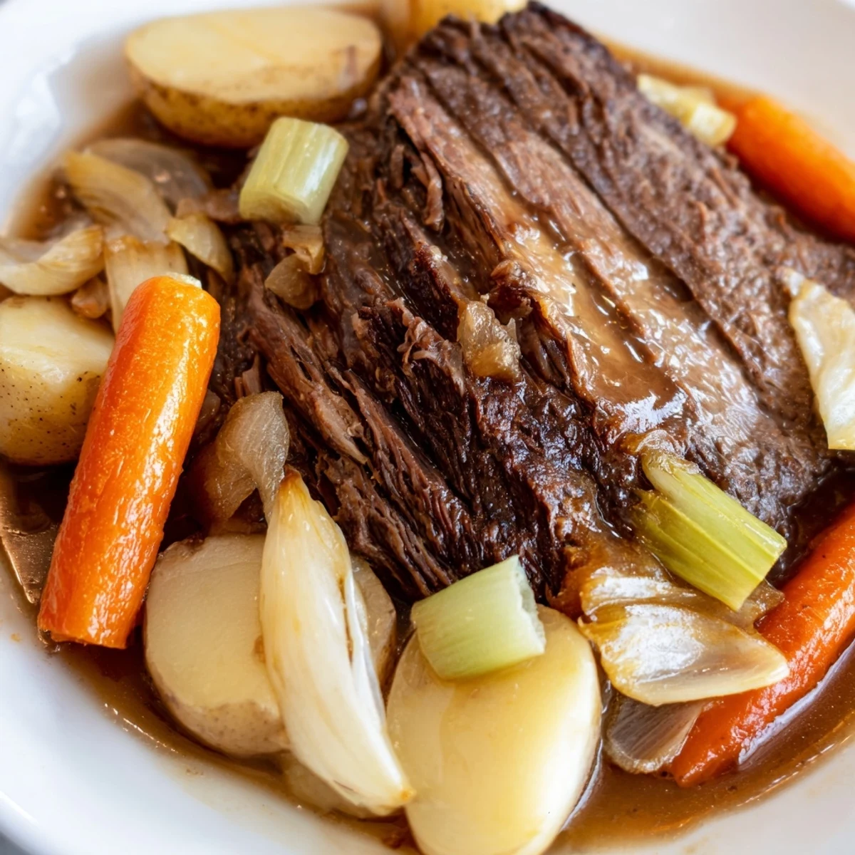 Slow-cooked pot roast with root vegetables on a white plate, garnished with fresh thyme and rosemary.