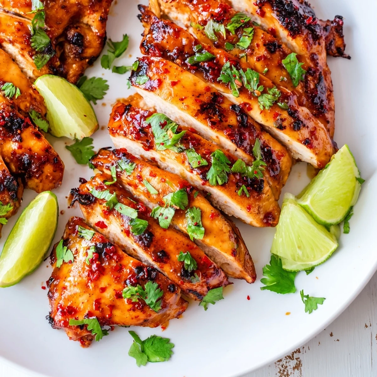 Spicy Honey Lime Chicken breasts sizzling on a hot grill, marinated in a sweet and tangy sauce, ready to slice and serve.