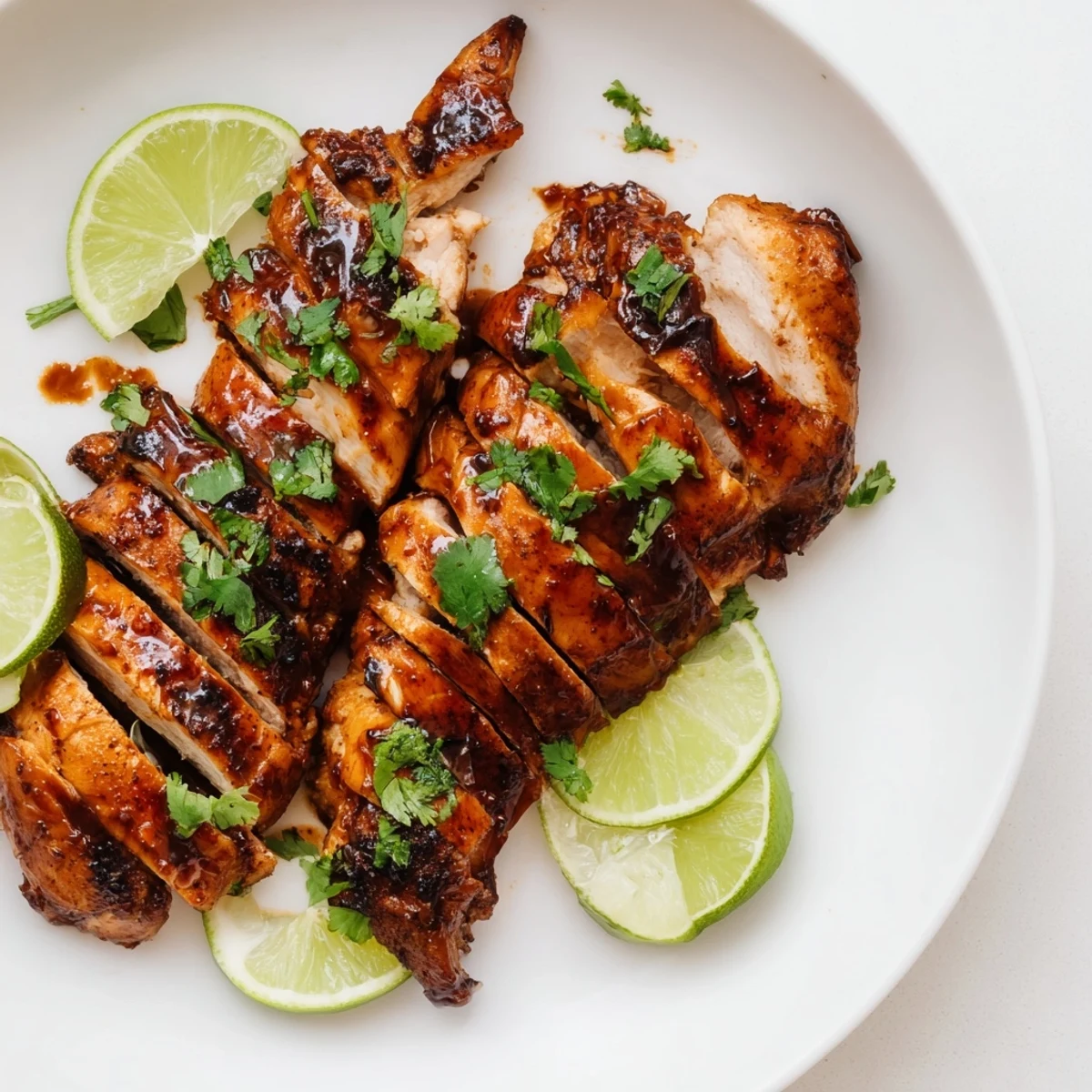 Grilled Spicy Honey Lime Chicken breasts glazed with honey and lime, garnished with fresh cilantro and lime wedges on a platter.