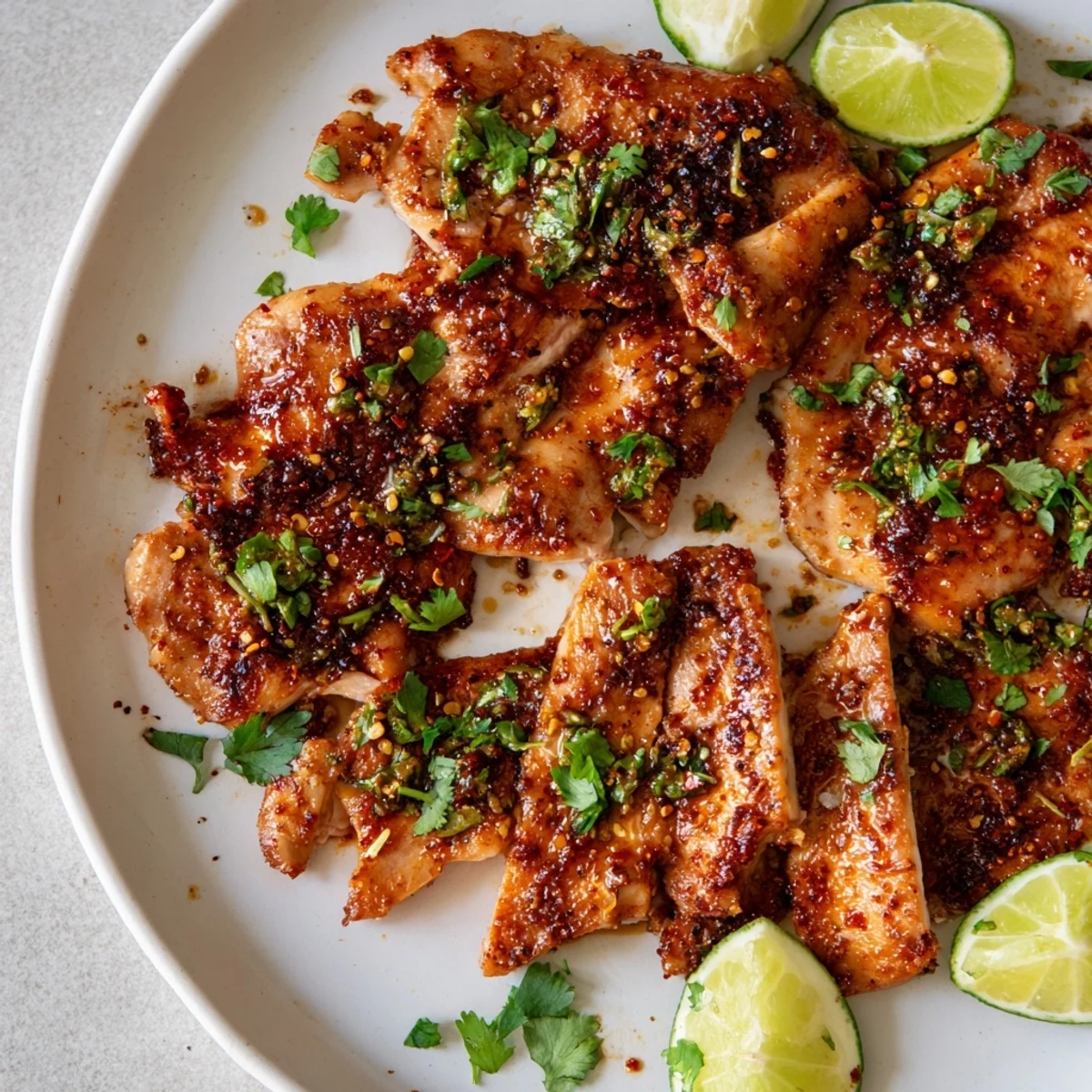 Juicy sliced Spicy Honey Lime Chicken on a plate, showing tender meat with a smoky char, paired with rice and grilled vegetables.