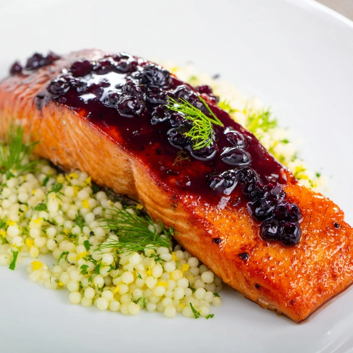 Glazed salmon fillets rest atop fluffy lemon herb couscous, drizzled with a vibrant blueberry sauce.
