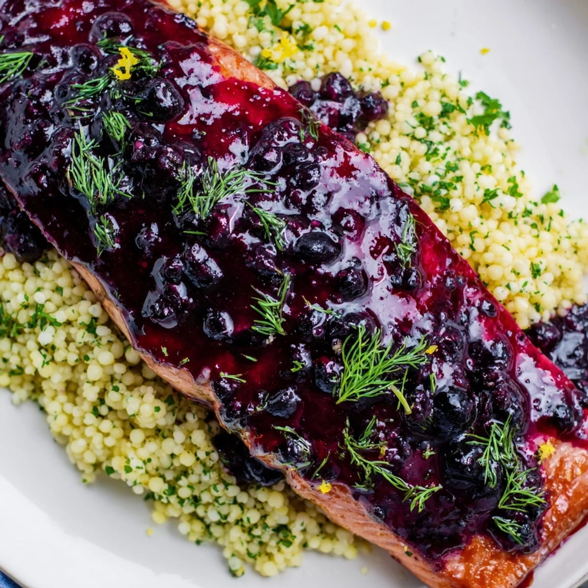 A close-up of Blueberry Glazed Salmon with Lemon Herb Couscous garnished with fresh parsley and lemon wedges.