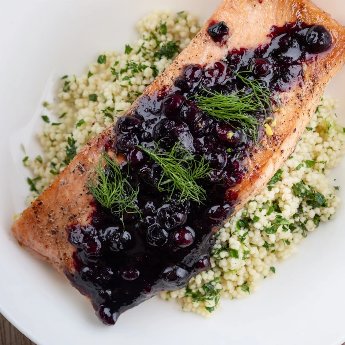 Savory Blueberry Glazed Salmon served with herbed couscous and a rich, glossy berry glaze on a dinner plate.