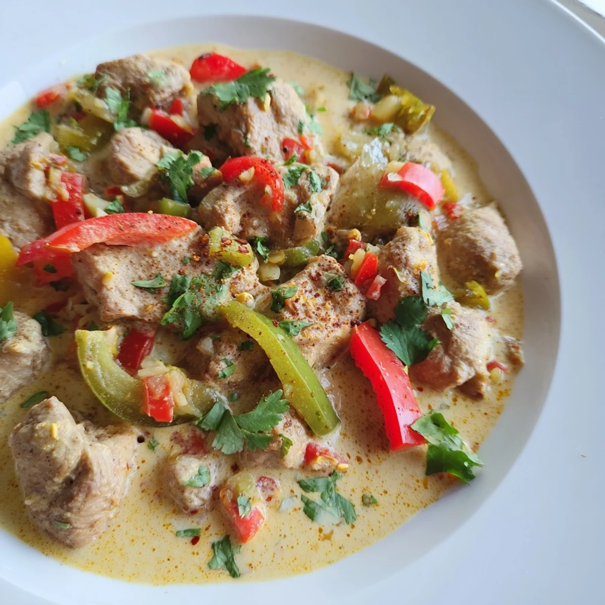 Golden-brown chicken pieces simmer in creamy Brazilian Coconut Chicken sauce with vibrant bell peppers and cilantro garnish.