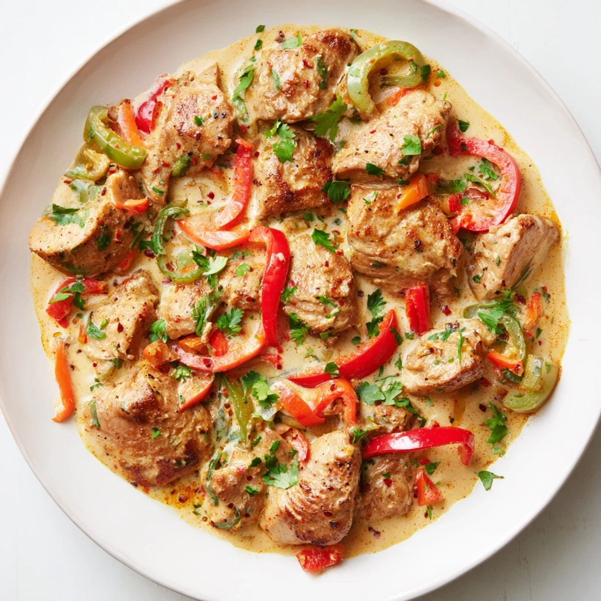 Spoonful of rich Brazilian Coconut Chicken served over fluffy white rice, lime wedges and fresh cilantro alongside.