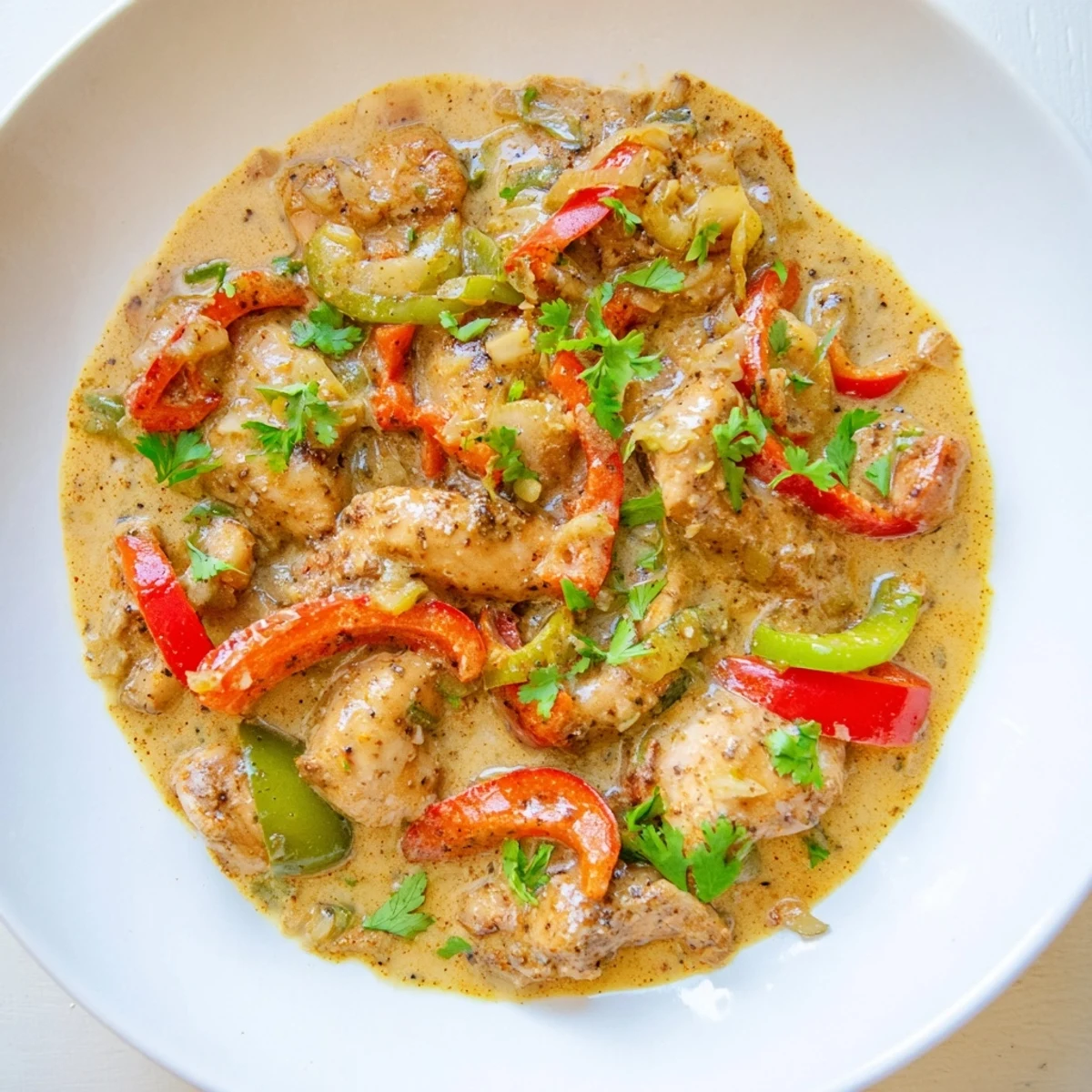 Steaming Brazilian Coconut Chicken in a rustic skillet, diced tomatoes and onions visible in the coconut milk sauce.