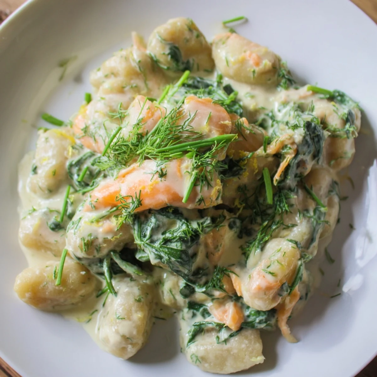 Silky smoked salmon and pillowy Healthy Smoked Salmon Gnocchi tossed in a creamy, lemon-dill sauce, served warm.