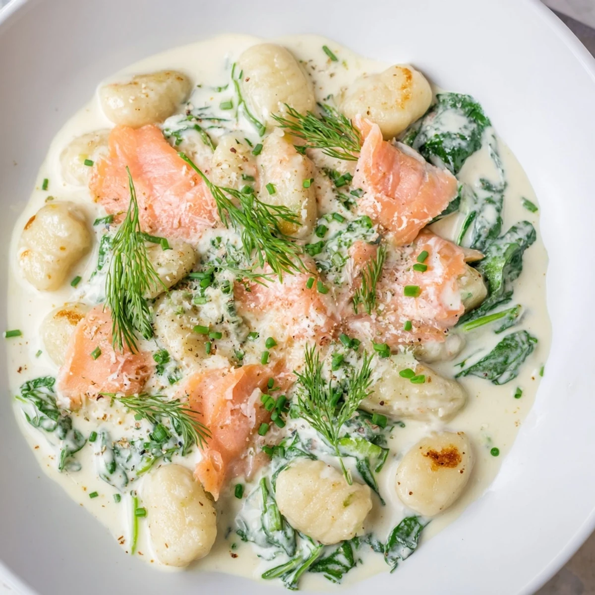 A white bowl holds Healthy Smoked Salmon Gnocchi with tender greens, dill, and chives, steaming gently on a table.