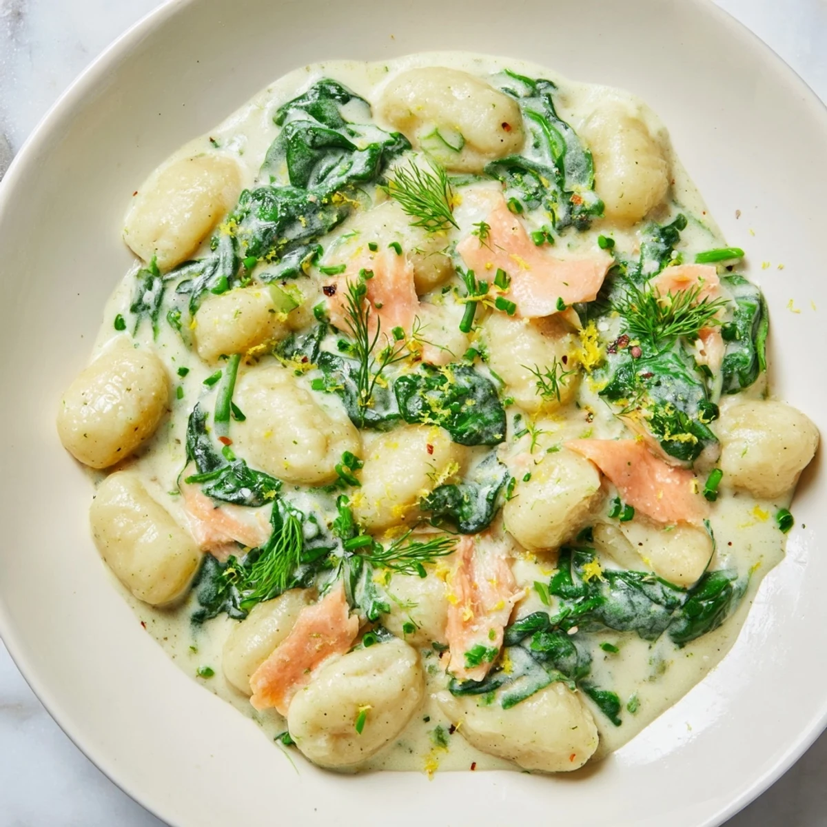 Bright green spinach and fresh herbs garnish Healthy Smoked Salmon Gnocchi, served with lemon wedges on a rustic plate.