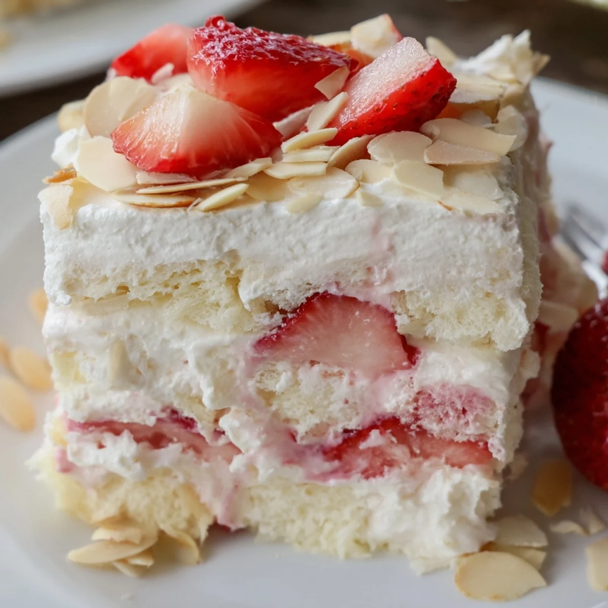 A slice of Heaven on Earth Cake with layers of light angel food cake, creamy vanilla pudding, and sweet strawberry filling.