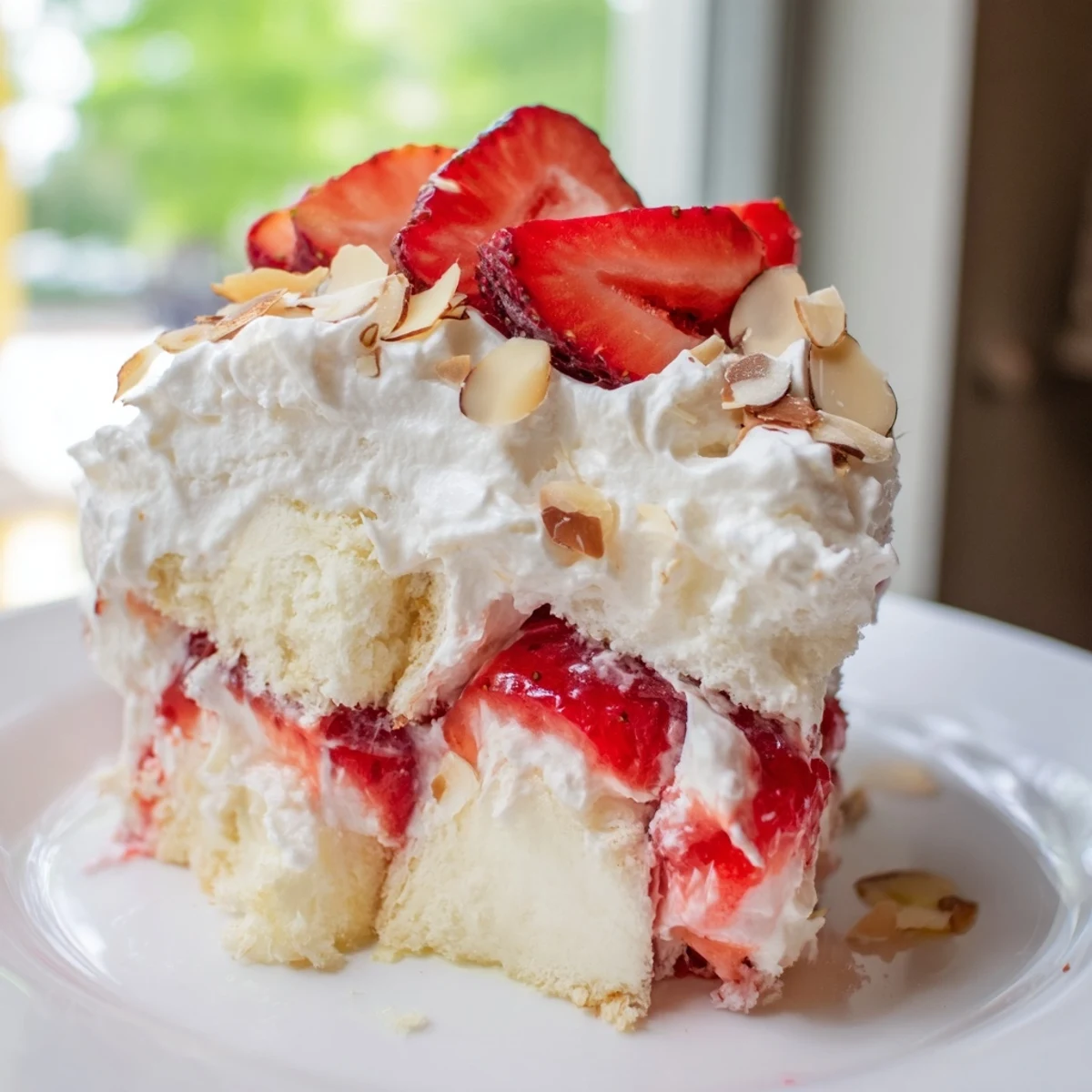 Serving Heaven on Earth Cake, a chilled no-bake dessert with glossy strawberry topping and fluffy whipped cream.