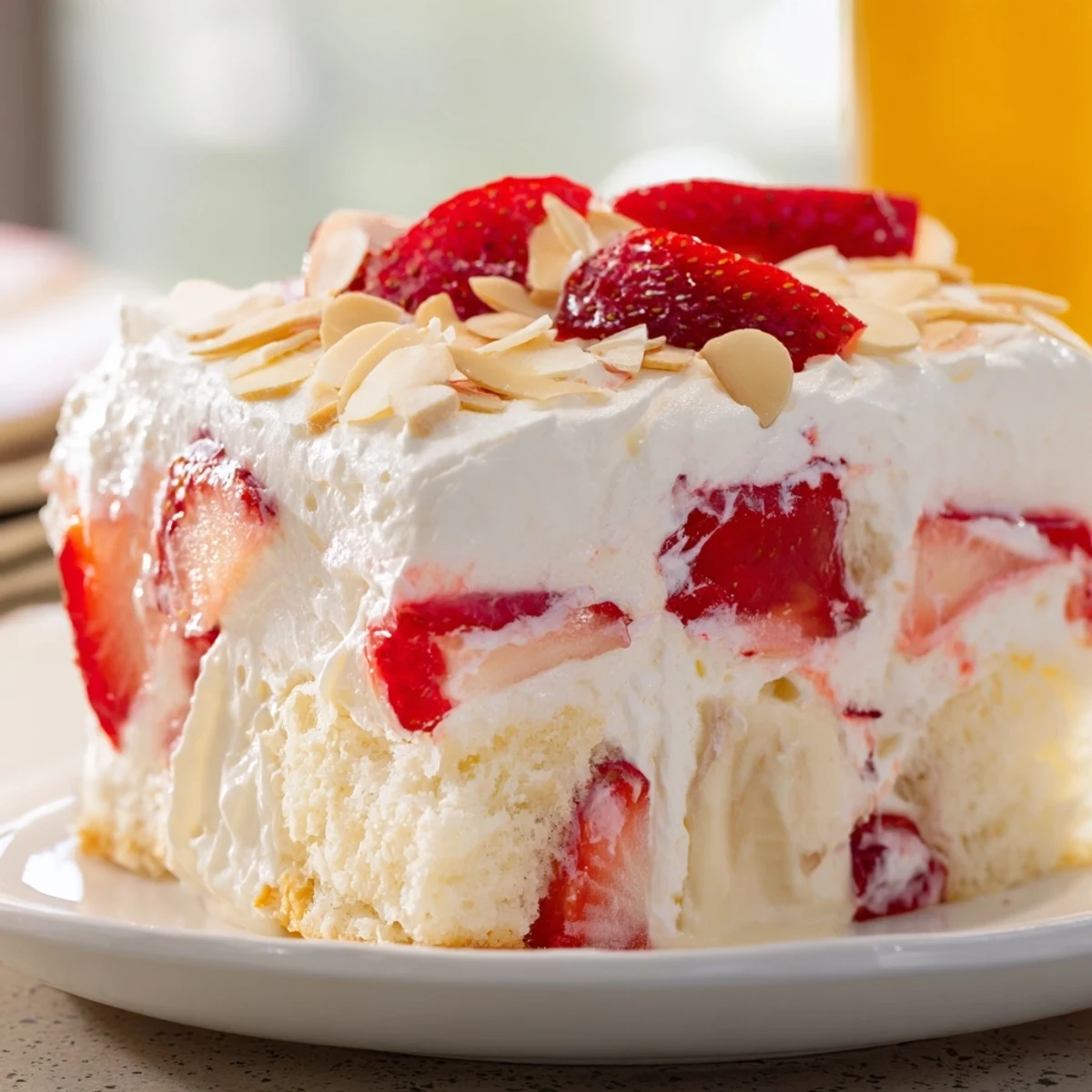 Heaven on Earth Cake presented in a glass trifle dish, showcasing vibrant strawberry layers and almond garnish.