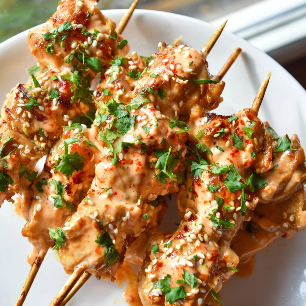 Juicy grilled Bang Bang Chicken Skewers glazed in creamy, spicy-sweet sauce garnished with fresh cilantro.
