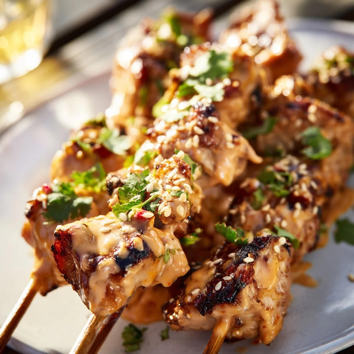 Asian-inspired Bang Bang Chicken Skewers served hot off the grill, perfect for a quick weeknight dinner.