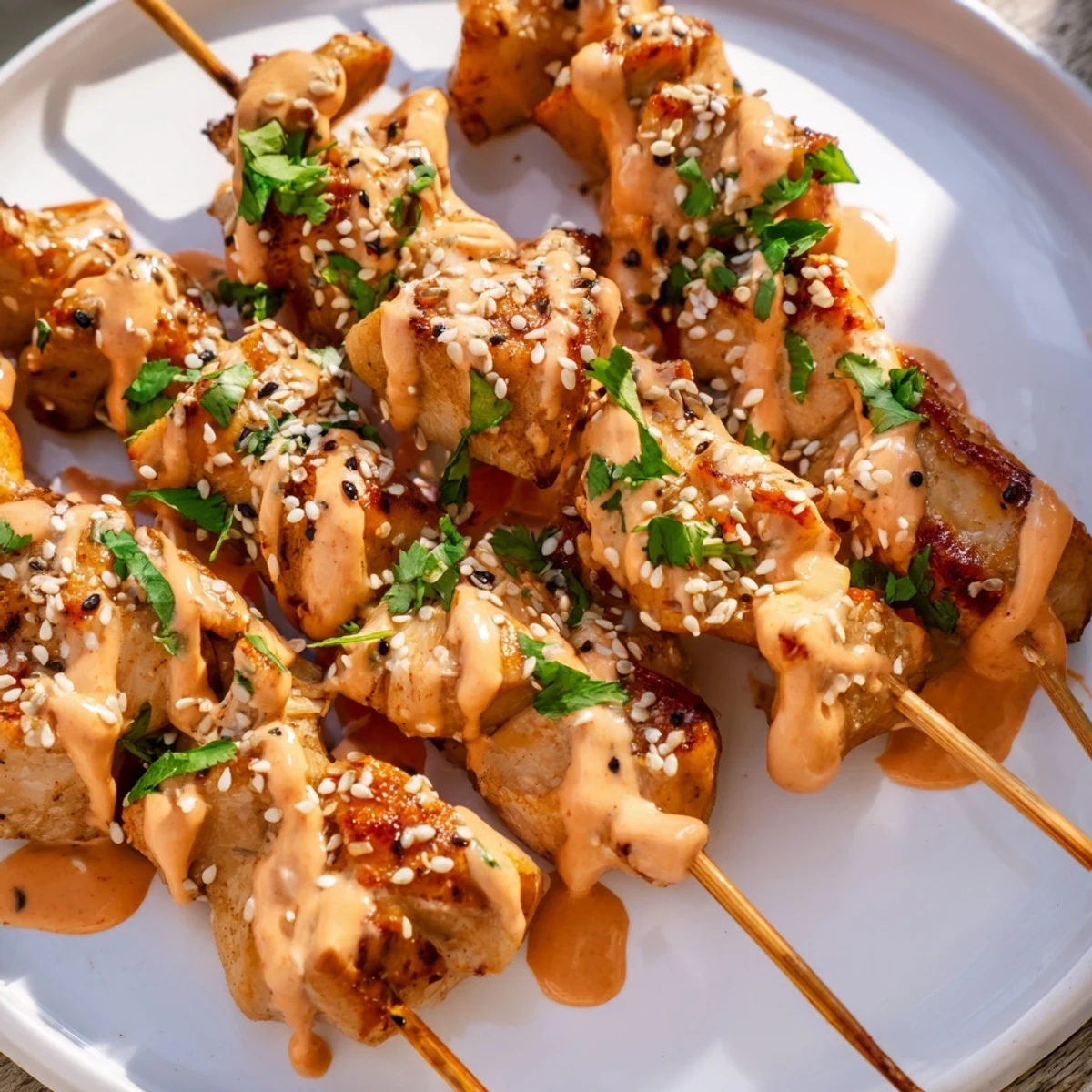 Golden-brown Bang Bang Chicken Skewers on a platter with lime wedges and sesame seeds for dipping.