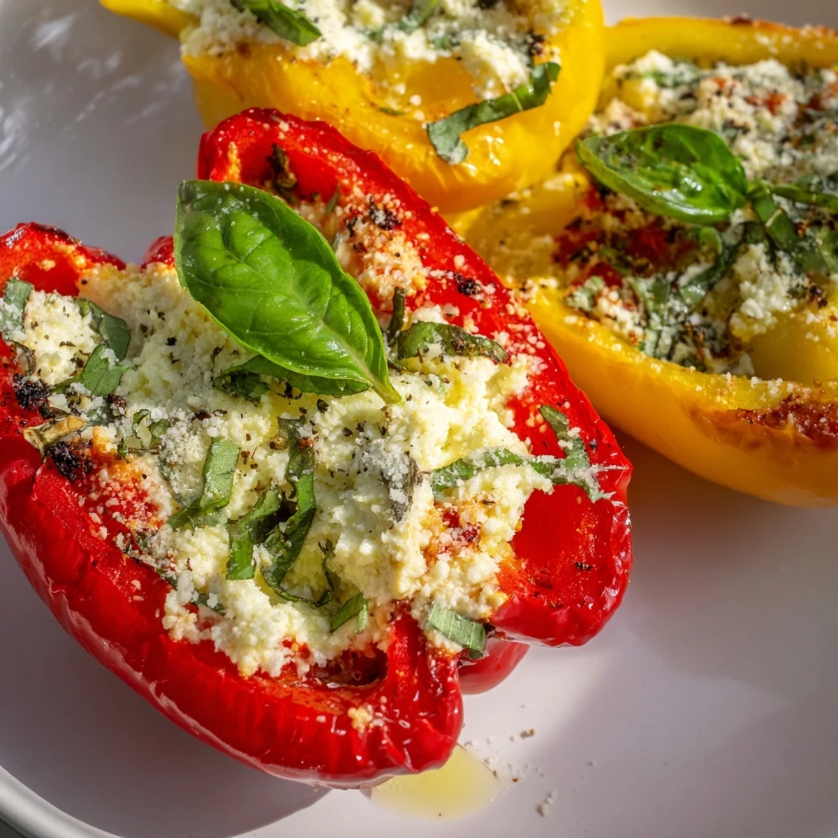 Golden-baked ricotta stuffed peppers sit in a white ceramic dish, with melty cheese and fresh basil garnish.