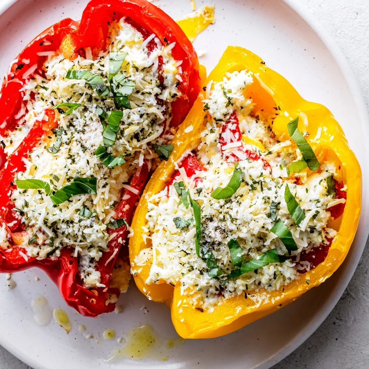 A close-up view shows red bell pepper halves filled with creamy ricotta and herbs, ready to serve.