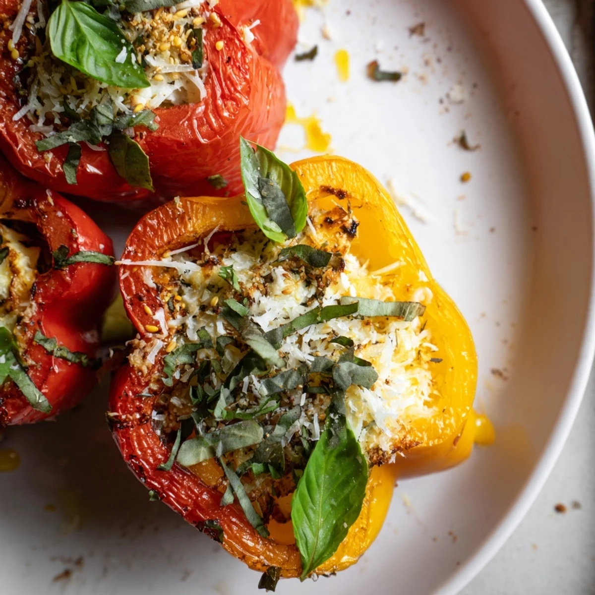 This vegetarian Italian main dish features tender peppers and golden parmesan topping on a rustic wooden table.