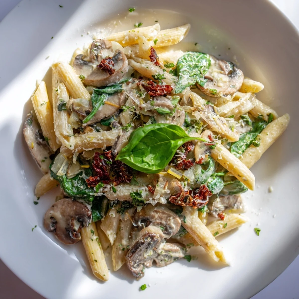 Golden-brown cremini mushrooms and wilted spinach in a rich Creamy Tuscan Mushroom Pasta Skillet, served garnished with fresh basil.