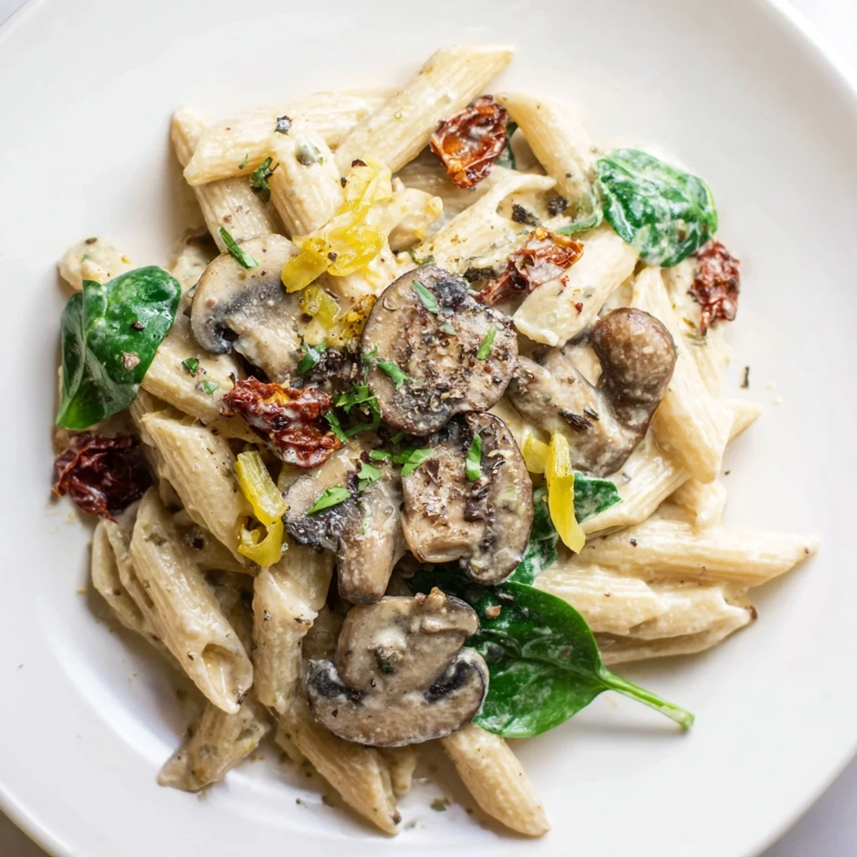 One skillet Creamy Tuscan Mushroom Pasta Skillet with tender vegetables, creamy sauce, and garnishes ready to serve with crusty bread.