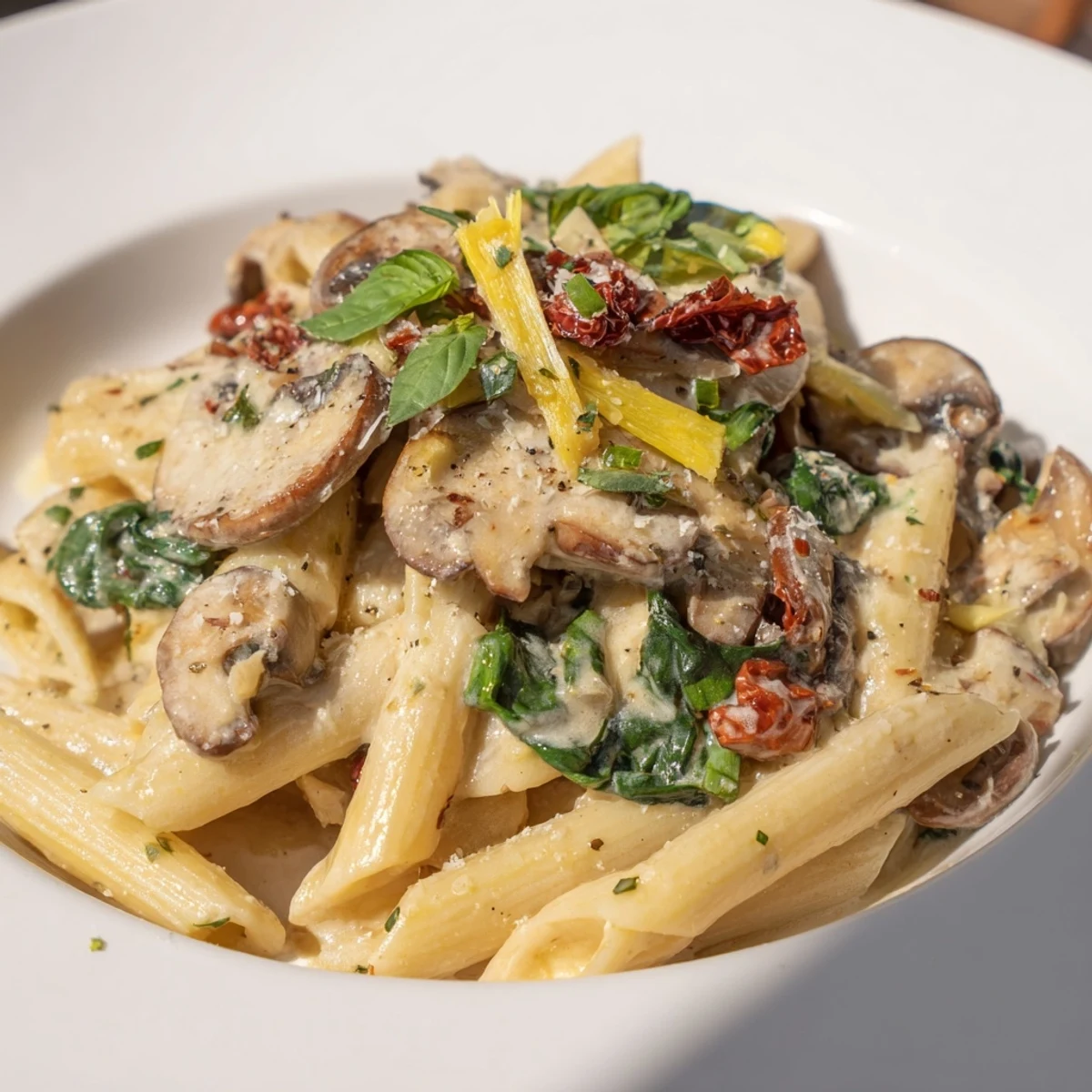 Creamy Tuscan Mushroom Pasta Skillet features penne coated in a Parmesan sauce with sun-dried tomatoes and vibrant spinach.