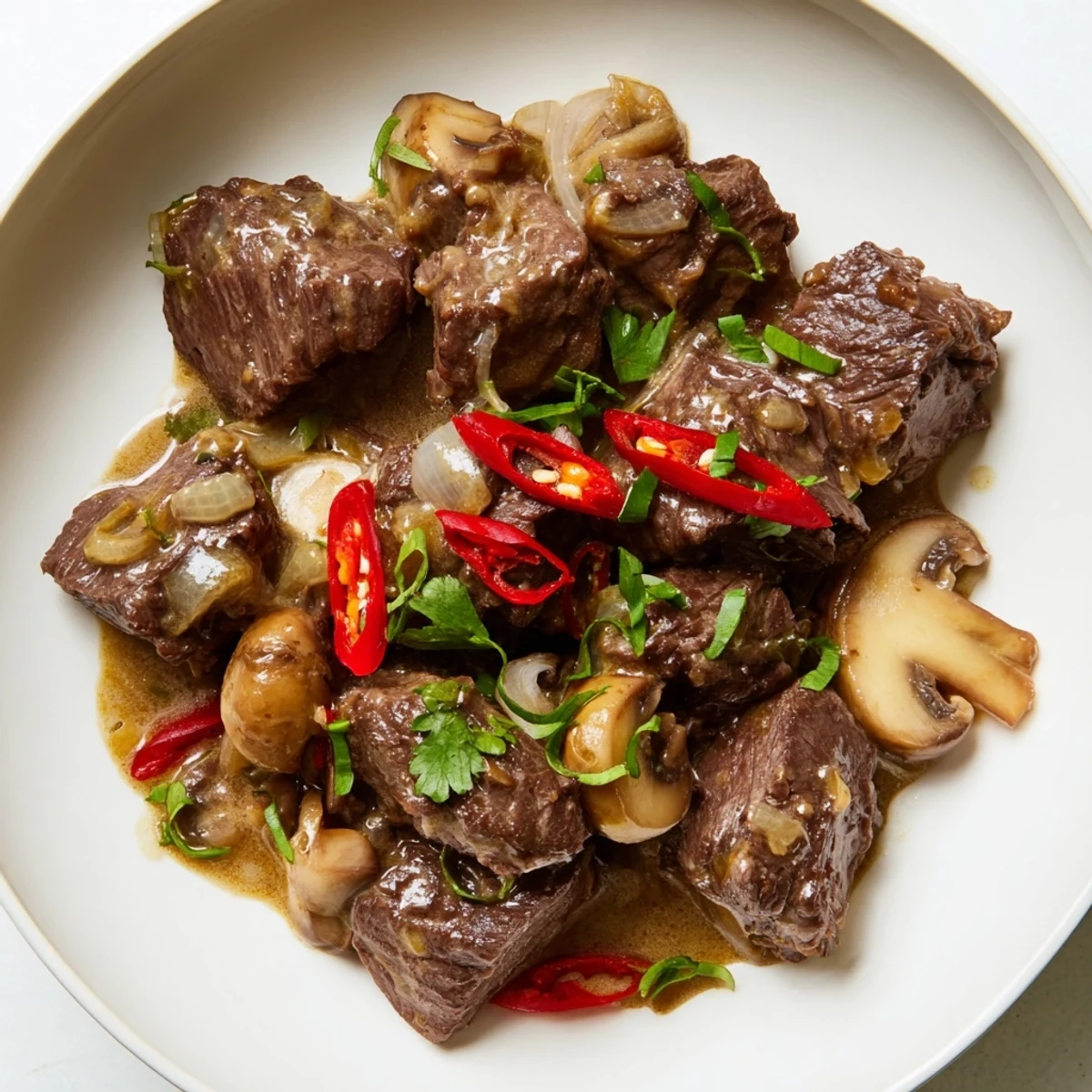 Tender beef cubes glistening in fragrant lemongrass coconut milk sauce with mushrooms, served steaming in a rustic bowl.