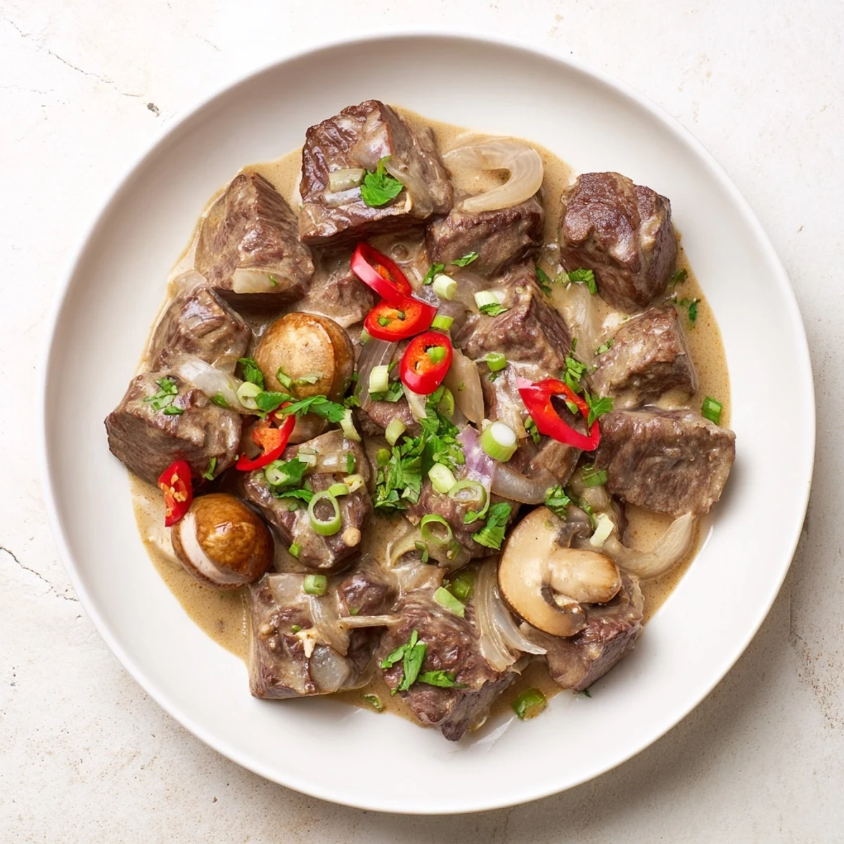 Lemongrass Coconut Braised Beef with Mushrooms presented with carrots and scallions, ready to ladle over fluffy white rice.