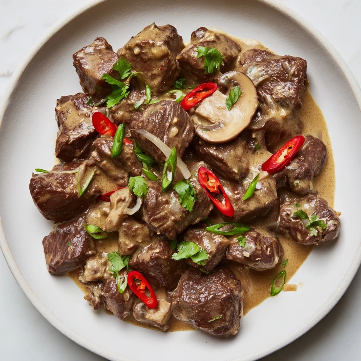 Hearty braised beef with earthy mushrooms and lime garnish, simmering slowly in coconut milk and aromatic lemongrass sauce.