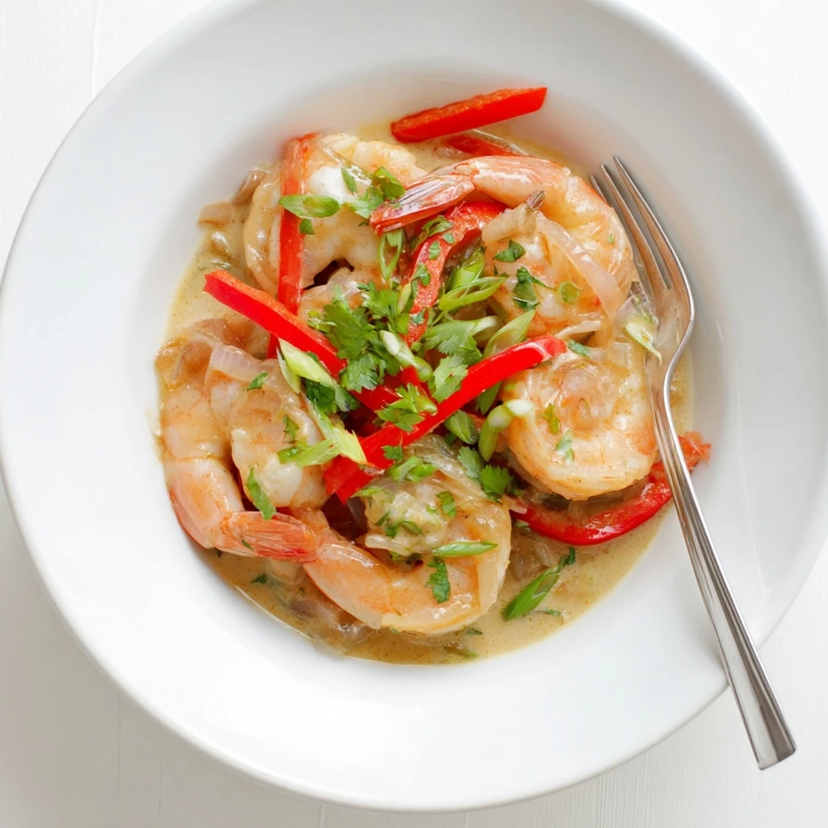 Fork-tender Garlic Shrimp in Coconut Milk served over fluffy rice with lime wedges