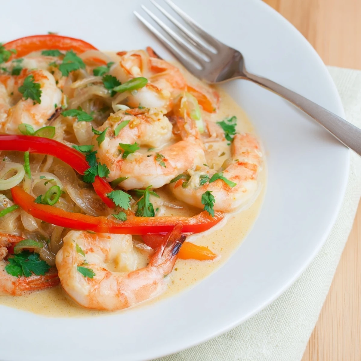 Creamy Garlic Shrimp in Coconut Milk simmering in a skillet with cilantro garnish