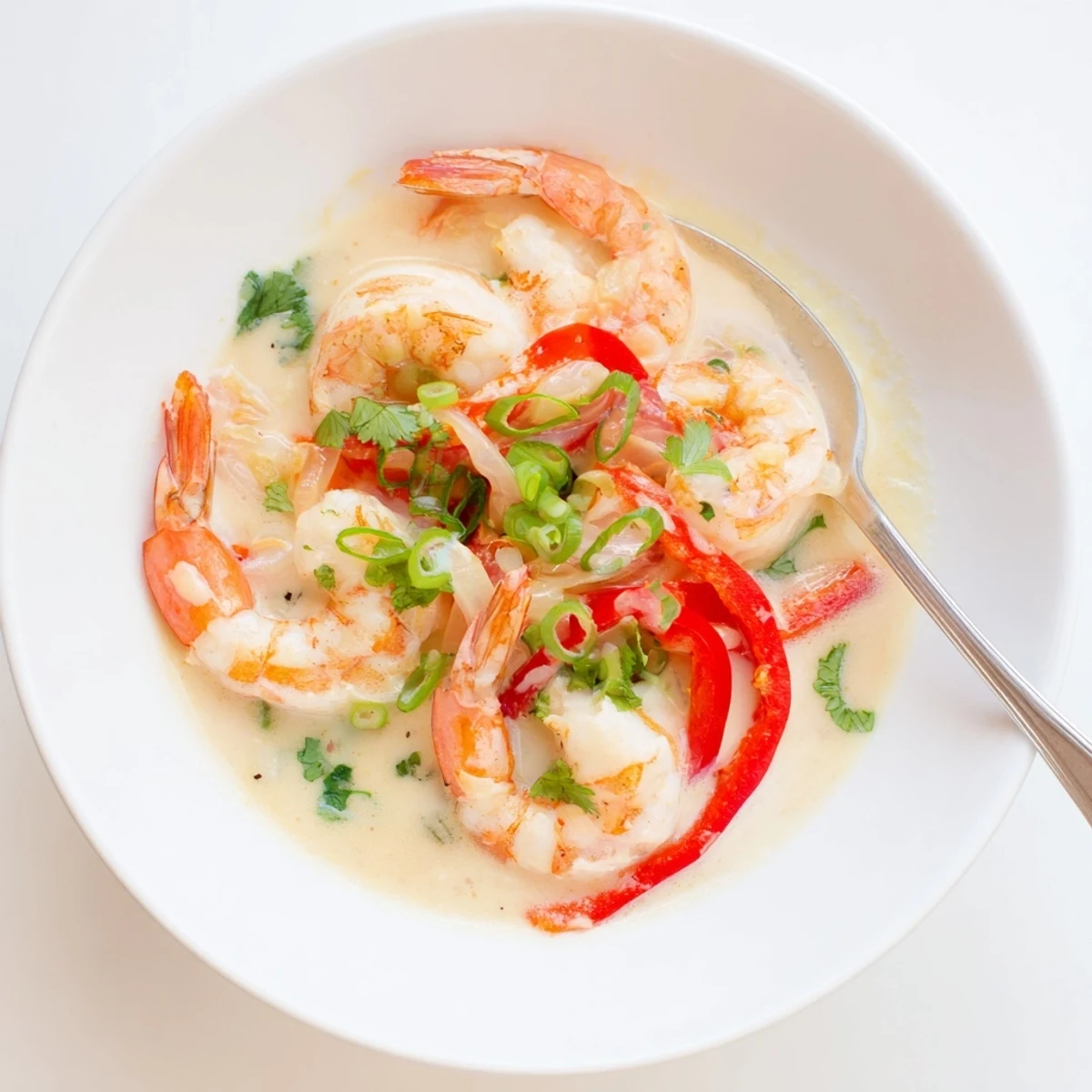 Aromatic Garlic Shrimp in Coconut Milk with vibrant red peppers and green onions in bowl